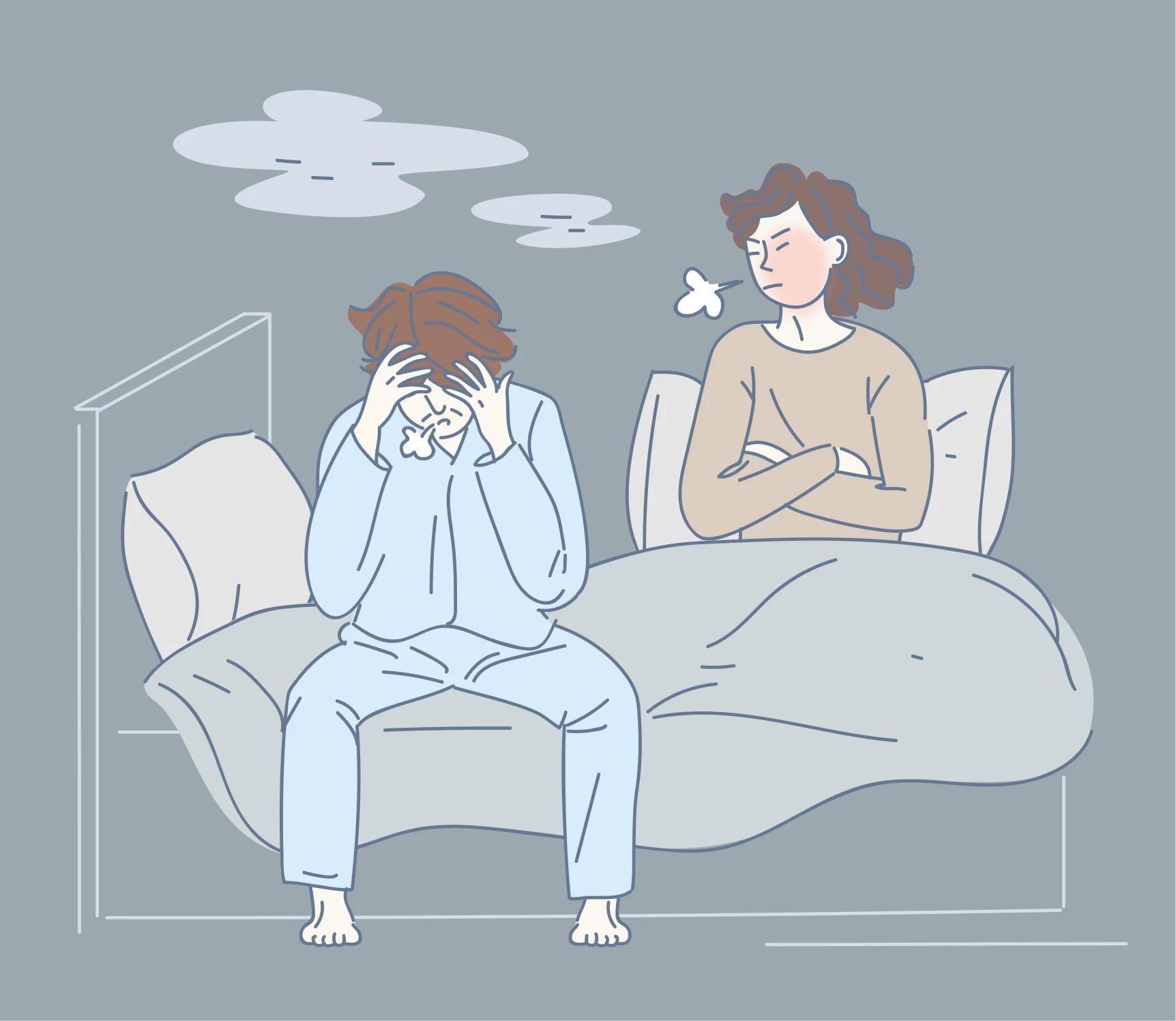 침대 가장자리에 앉아 머리를 감싼 남성과 뒤에서 팔짱을 낀 여성을 그린 선 일러스트