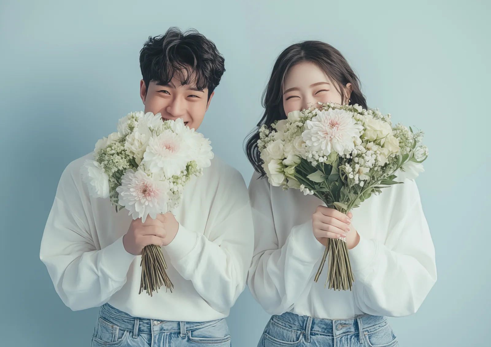 연한 하늘색 배경 앞에서 남녀가 흰 꽃다발을 얼굴 앞에 들고 웃고 있는 모습