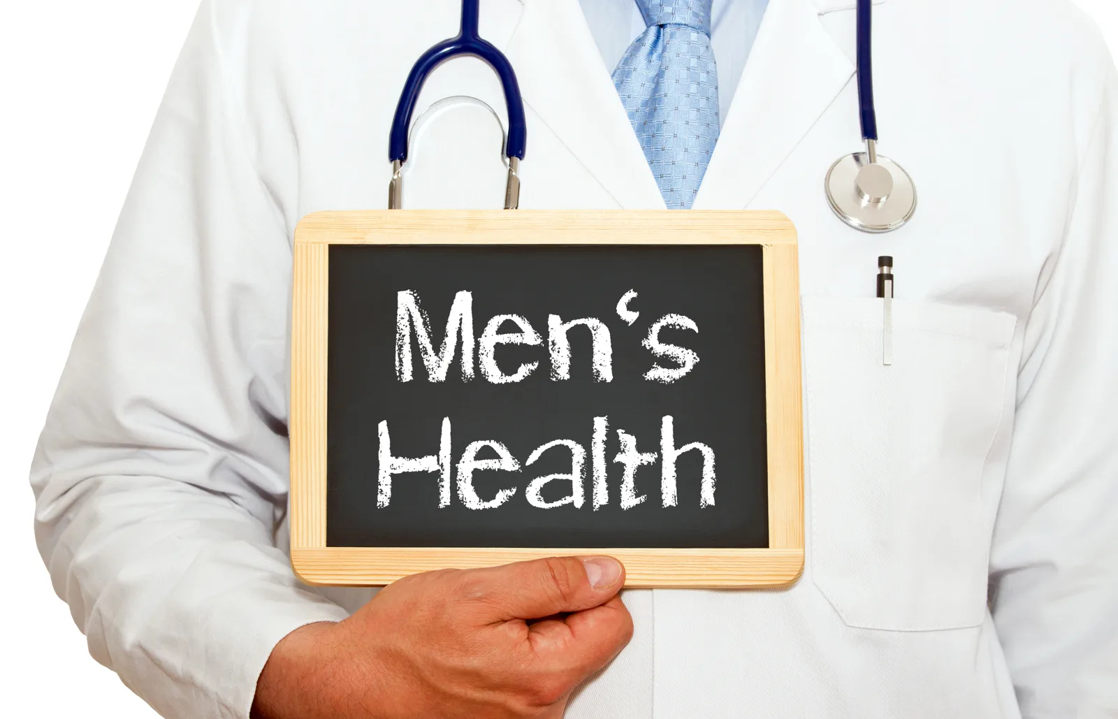 청진기를 건 흰 가운 차림의 의료진이 Men's Health라고 쓰인 칠판을 들고 있는 모습