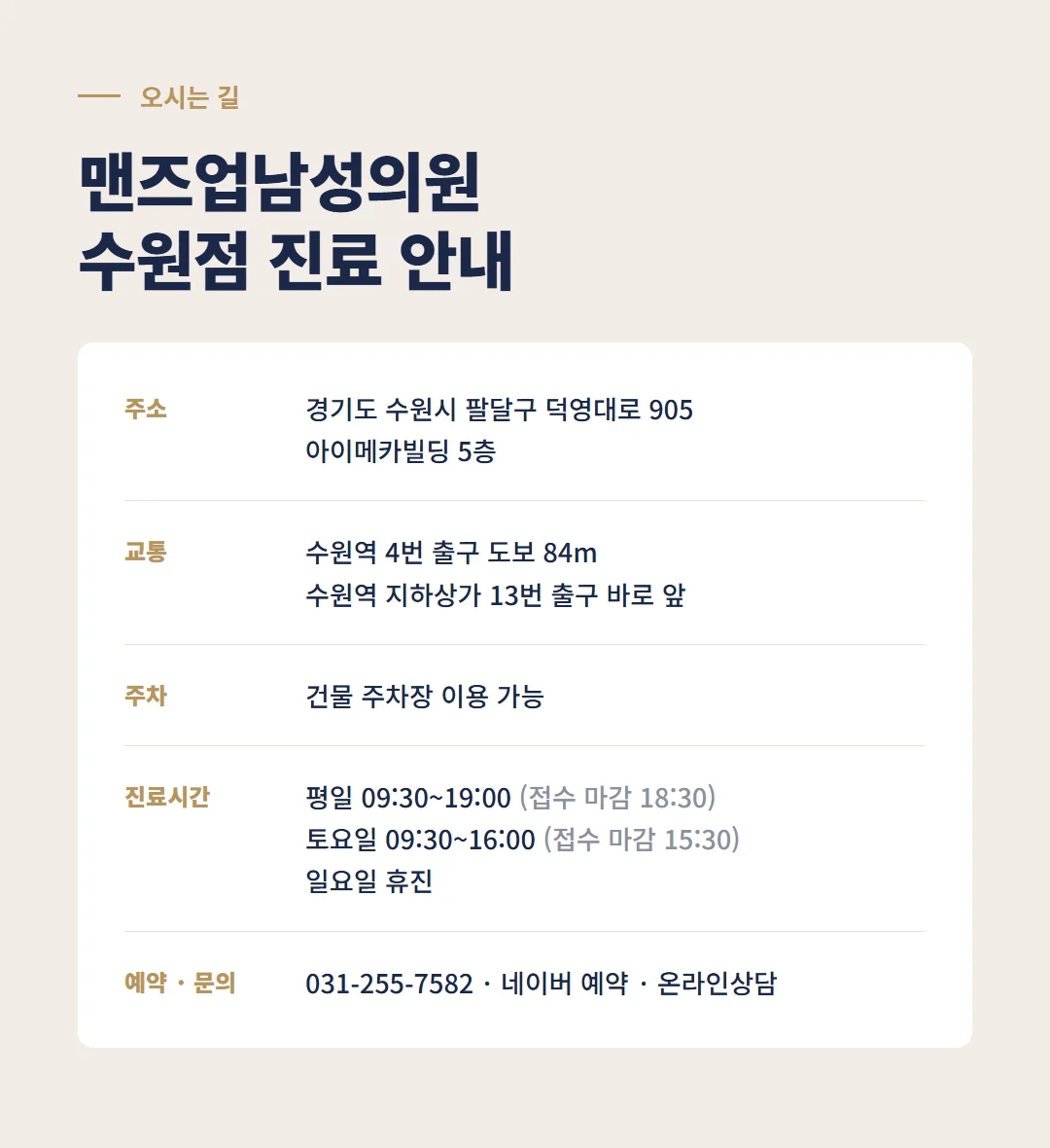 맨즈업남성의원 수원점 진료 안내: 수원시 팔달구 덕영대로 905 아이메카빌딩 5층, 수원역 4번 출구 도보 84m, 건물 주차장, 진료시간, 전화 031-255-7582